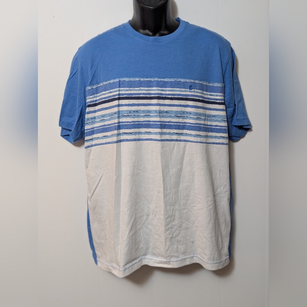 Men's IZOD Saltwater Shirt Large Blue White Striped Soft Tee Relaxed Classic
